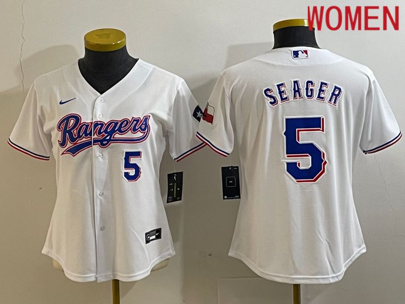 Women Texas Rangers #5 Seager White Game Nike 2023 MLB Jersey style 3->women mlb jersey->Women Jersey